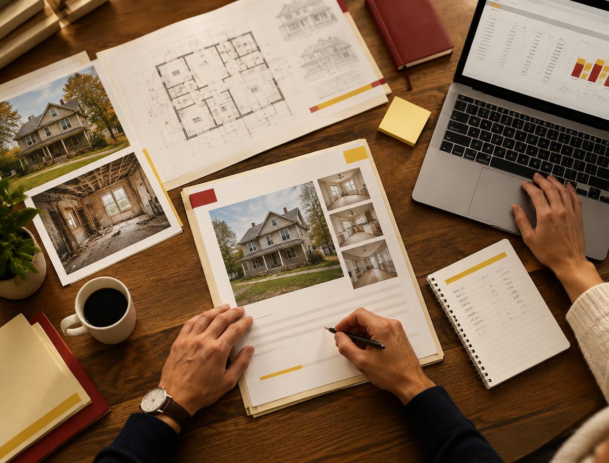 Investor organizing property plans and deal figures for submission